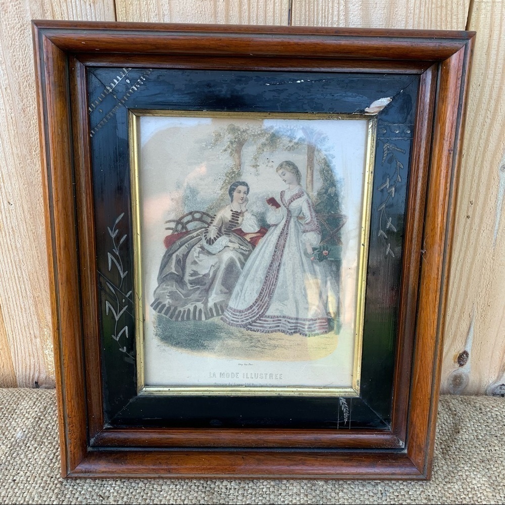 Antique Victorian Spoon Carved Shadow Box Walnut Frame Eastlake Old Print